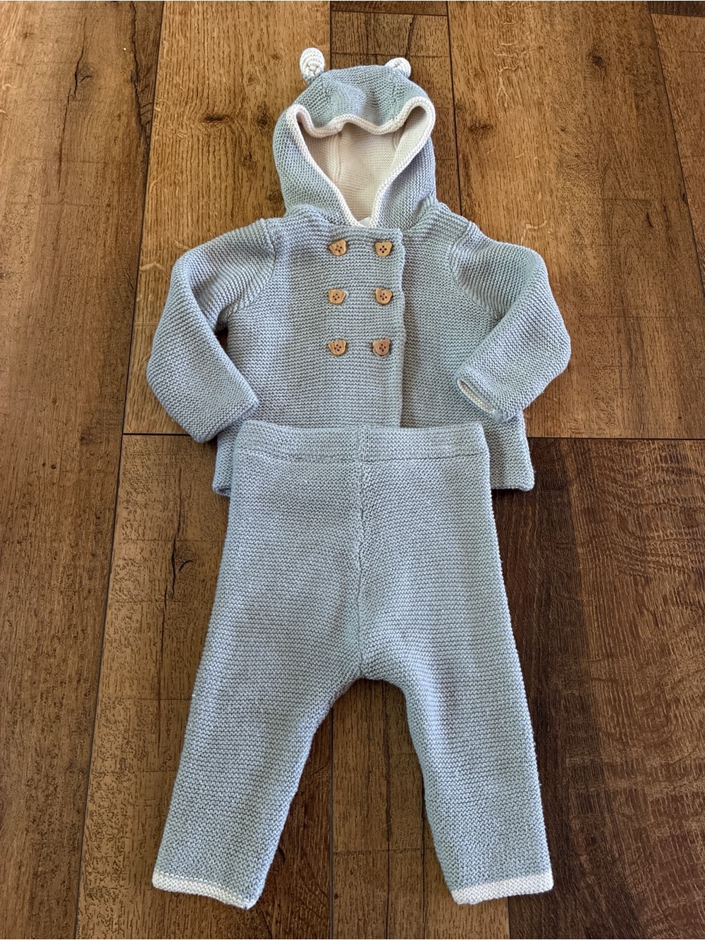 Baby Knit Hooded One-Piece Set in Light Blue